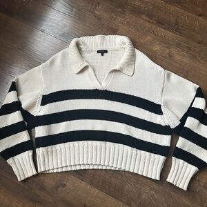 Quince Black and Cream Collared V-Neck Sweater